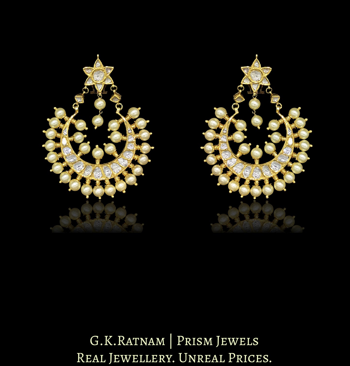 18k Gold and Diamond Polki Chand Bali Earrings with Pearls - G. K. Ratnam