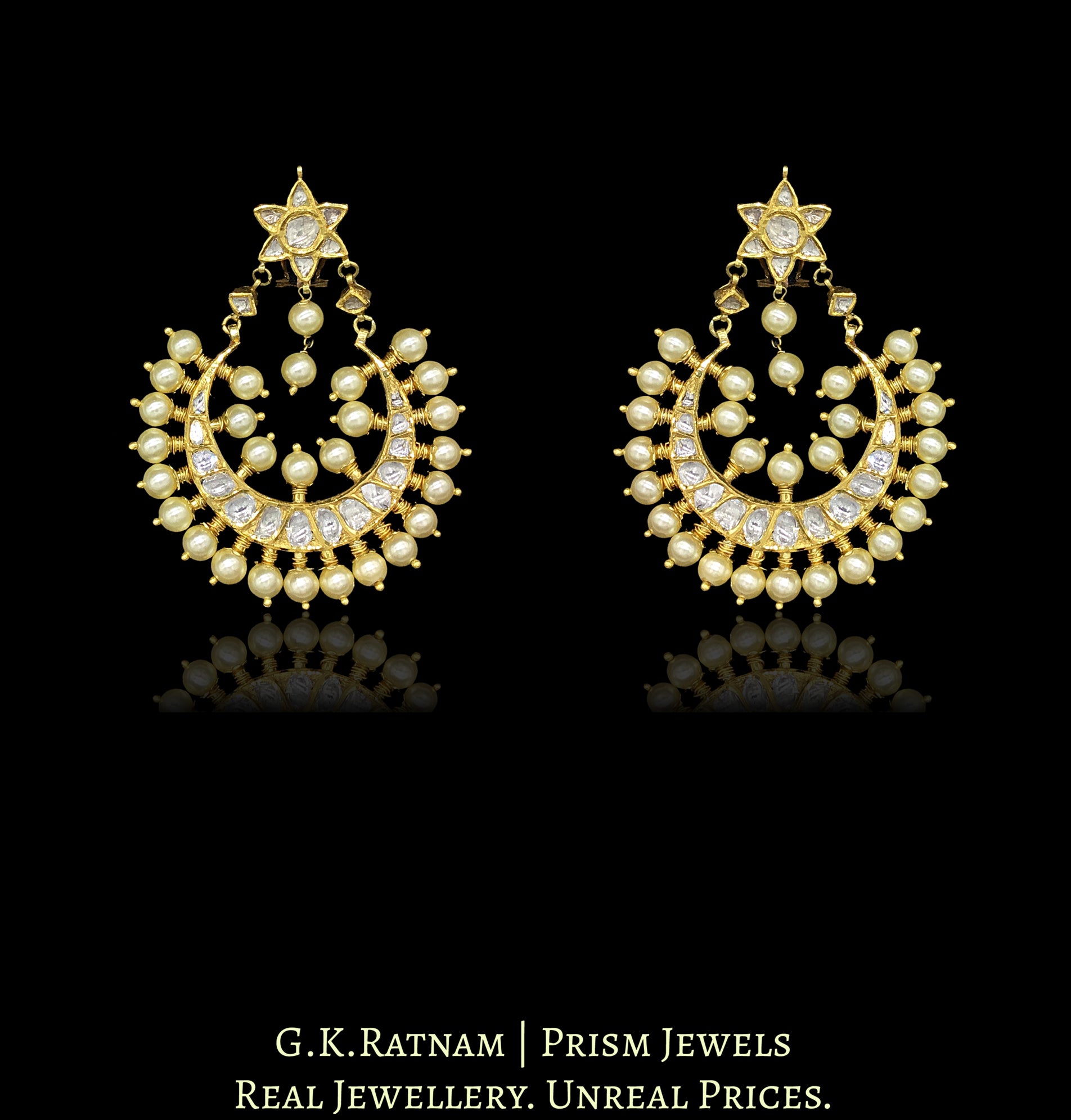 18k Gold and Diamond Polki Chand Bali Earrings with Pearls - G. K. Ratnam