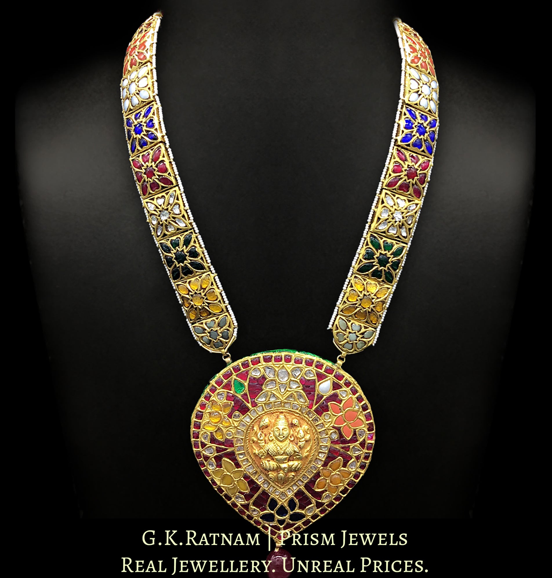 23k Gold and Diamond Polki Navratna Pendant with Navratna Patrihaar / Ranihaar - G. K. Ratnam