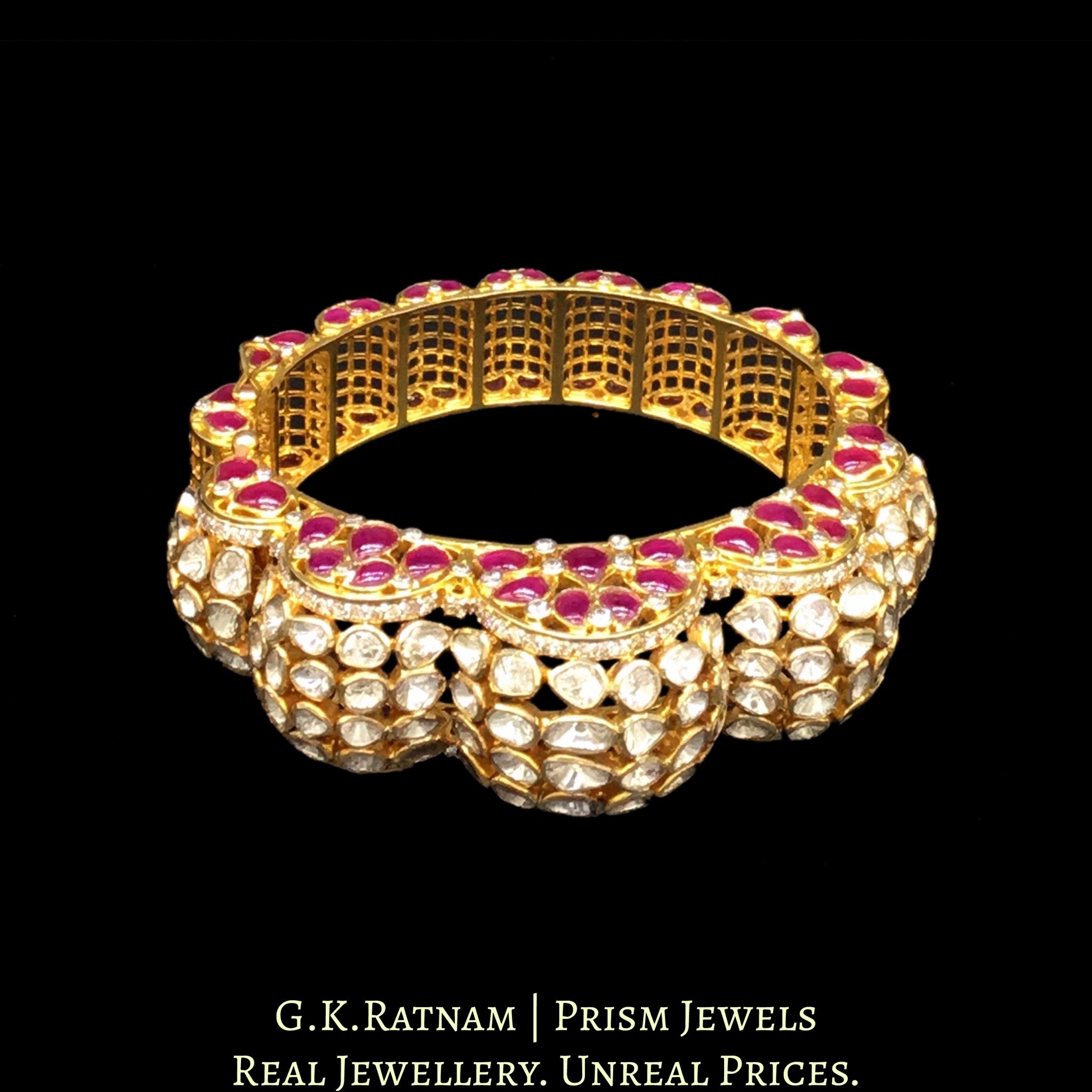 14k Gold and Diamond Polki Open Setting Bangle (Pacheli) with Rubies