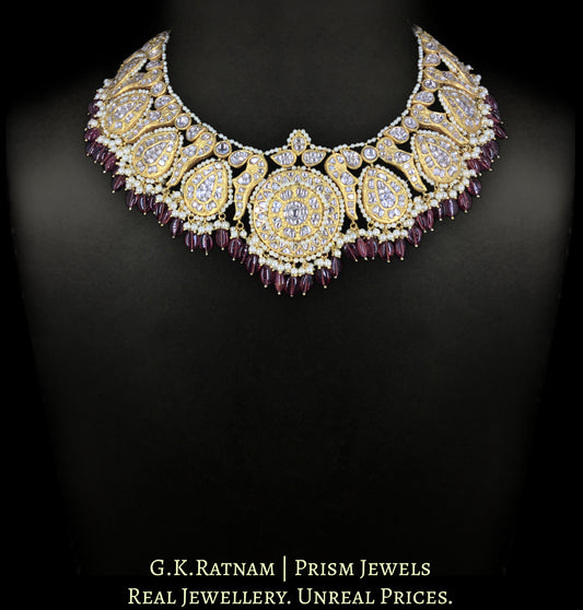 23k Gold and Diamond Polki Necklace Set enhanced with Mozambique Garnets