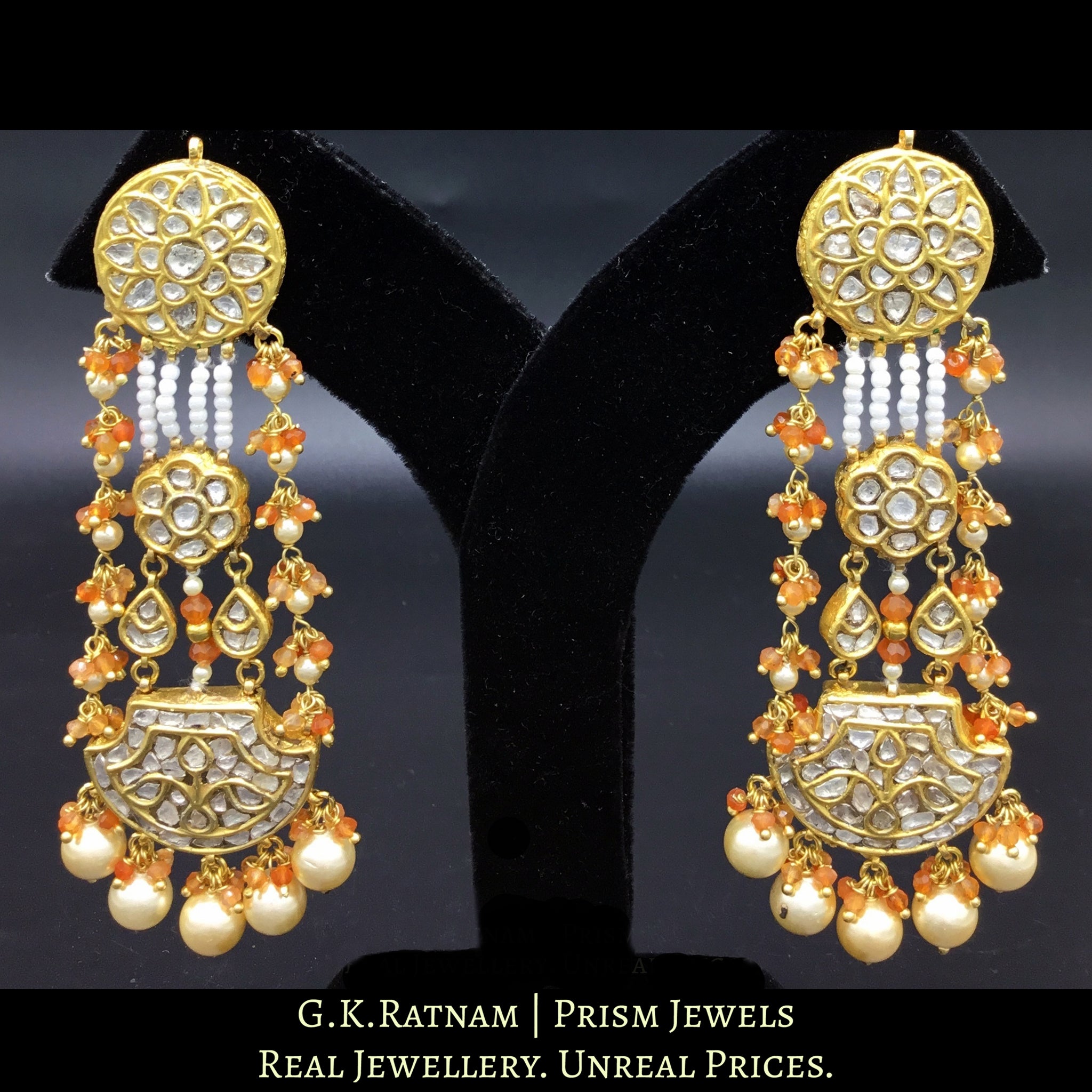 23k Gold and Diamond Polki pankhi (fan) Long Earring Pair with orange carnelians and natural freshwater pearls