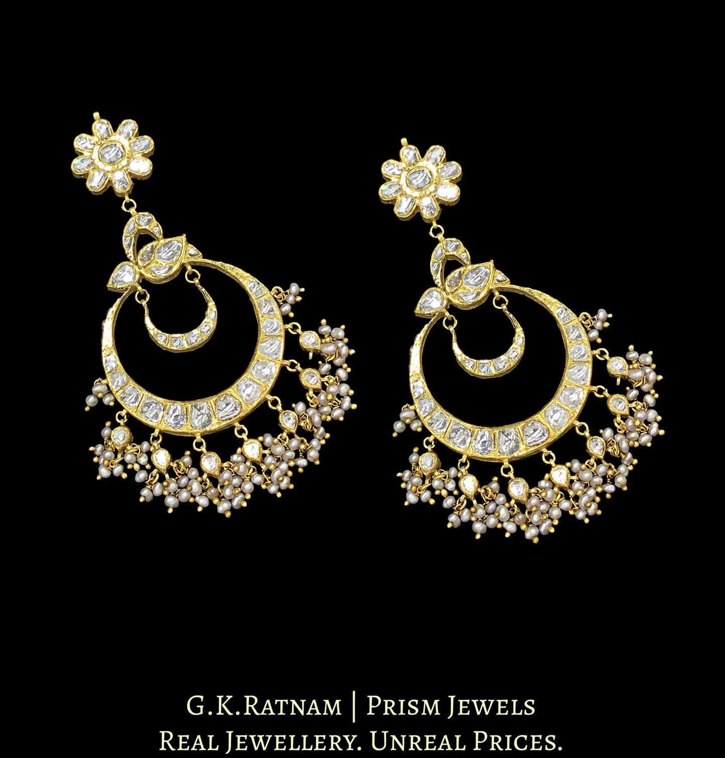 18k Gold and Diamond Polki peacock-like Chand Bali Earring pair with antiqued basra-grade freshwater pearls - G. K. Ratnam