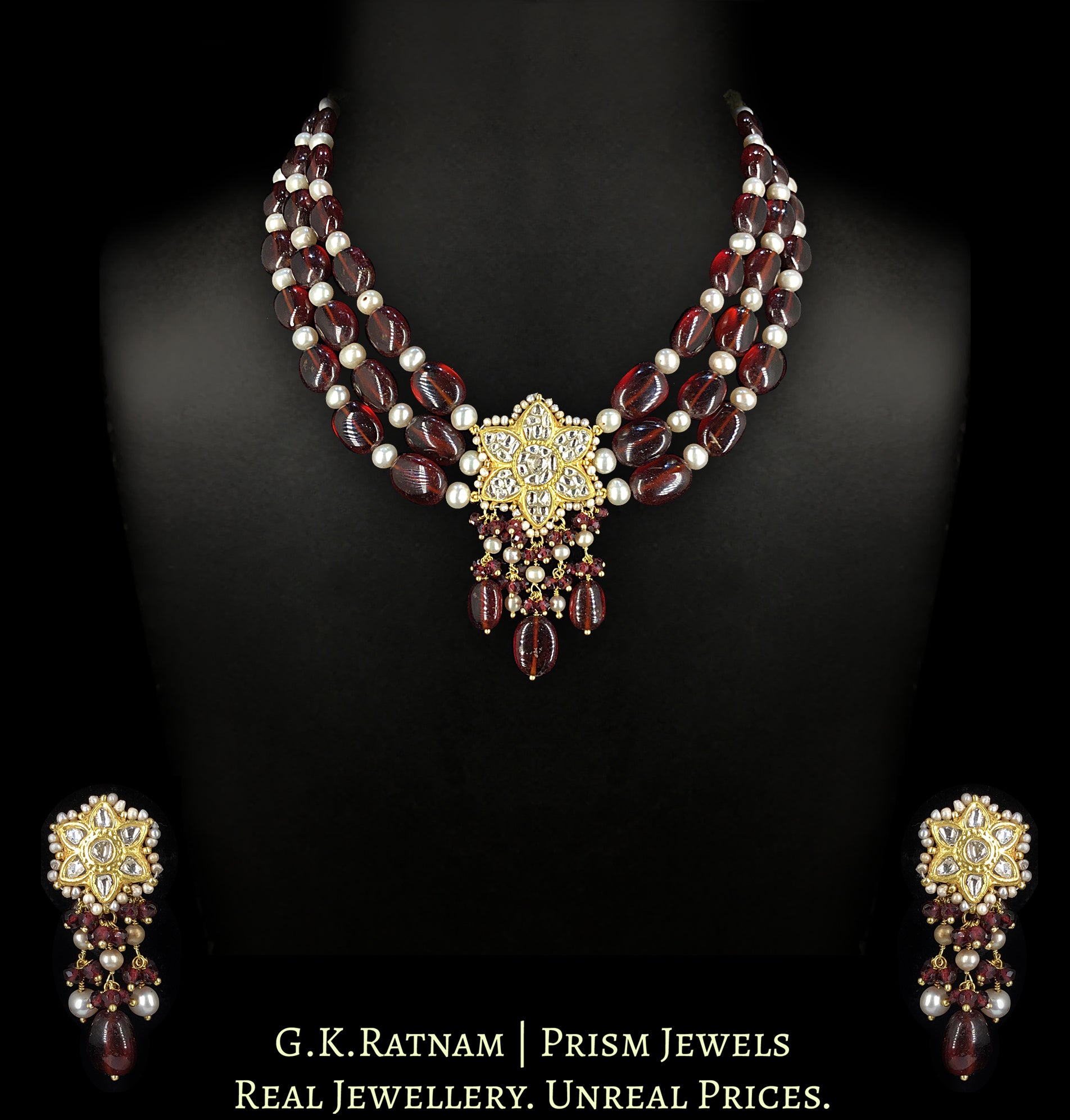23k Gold and Diamond Polki Pendant Set enhanced with Mozambique Garnets and Pearls - G. K. Ratnam