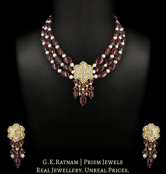 23k Gold and Diamond Polki Pendant Set enhanced with Mozambique Garnets and Pearls - G. K. Ratnam