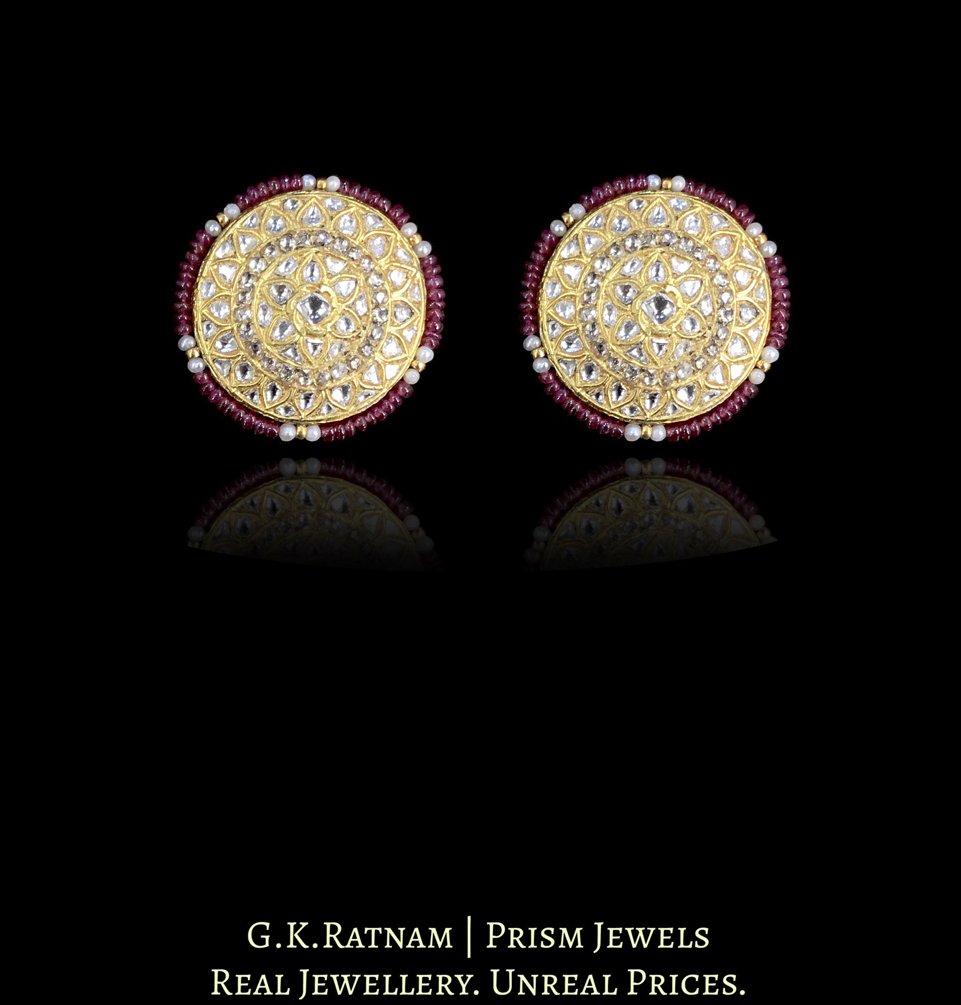 23k Gold and Diamond Polki Karnfool Earring Pair with Rubies