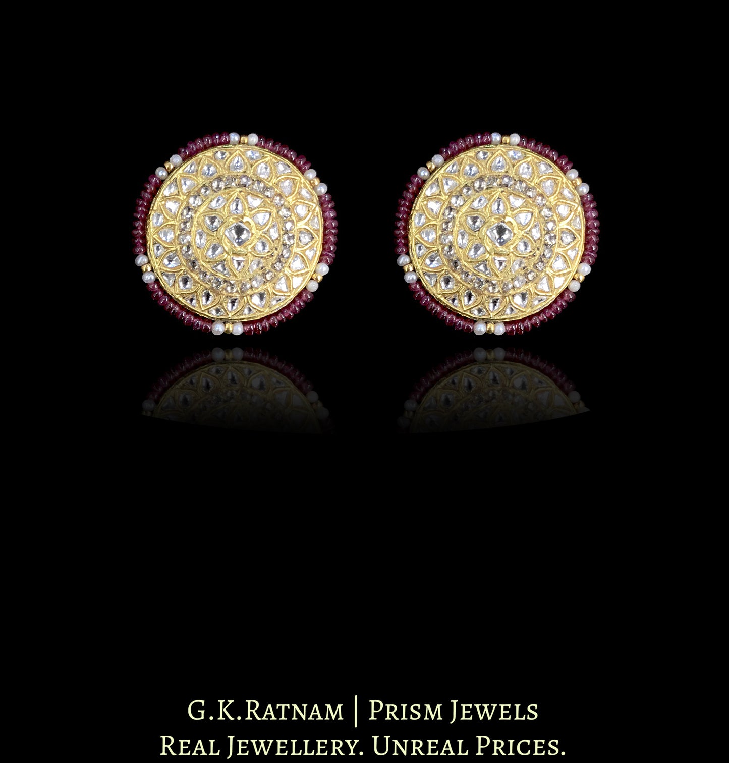 23k Gold and Diamond Polki Karnfool Earring Pair with Rubies - G. K. Ratnam