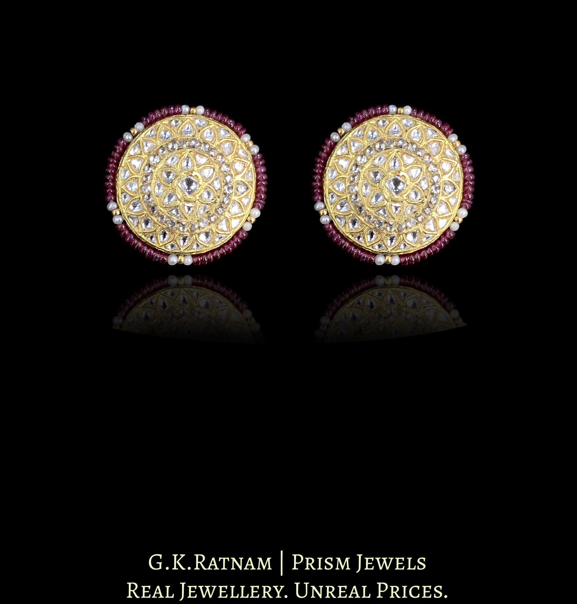 23k Gold and Diamond Polki Karnfool Earring Pair with Rubies - G. K. Ratnam