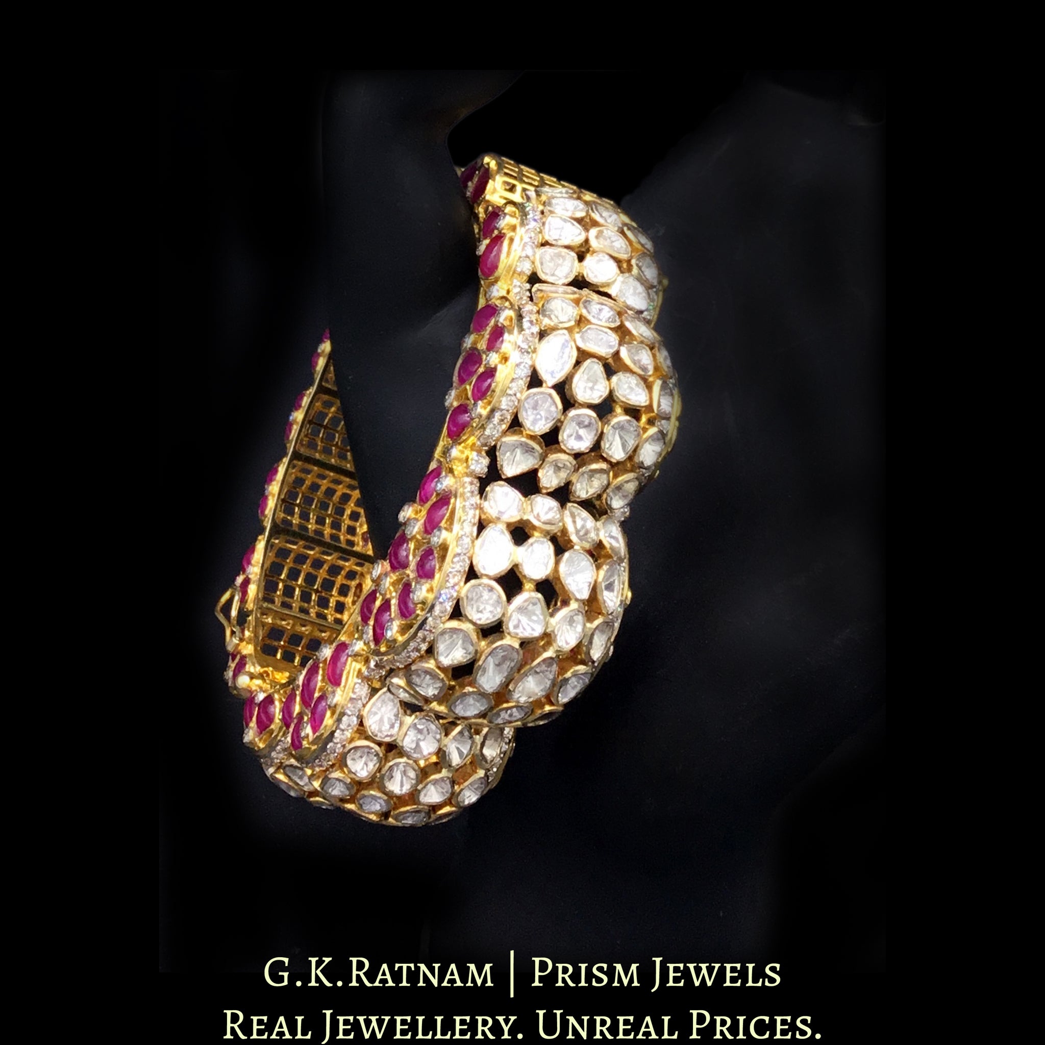 14k Gold and Diamond Polki Open Setting Bangle (Pacheli) with Rubies