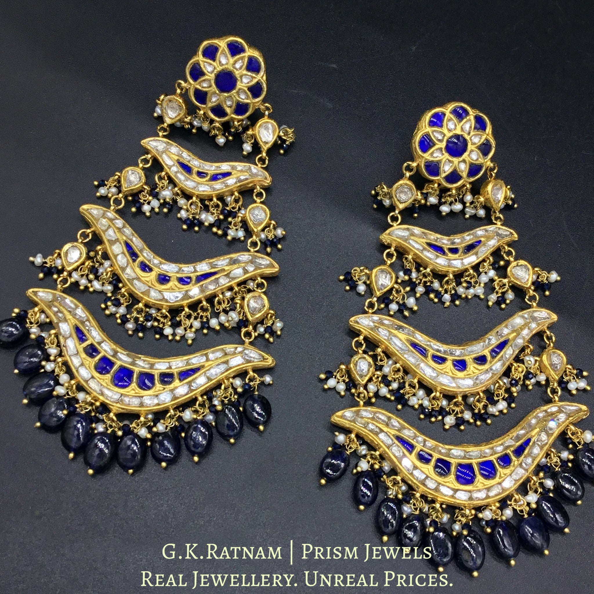 23k Gold and Diamond Polki pasa-style Chandelier Earring Pair with a hint of blue