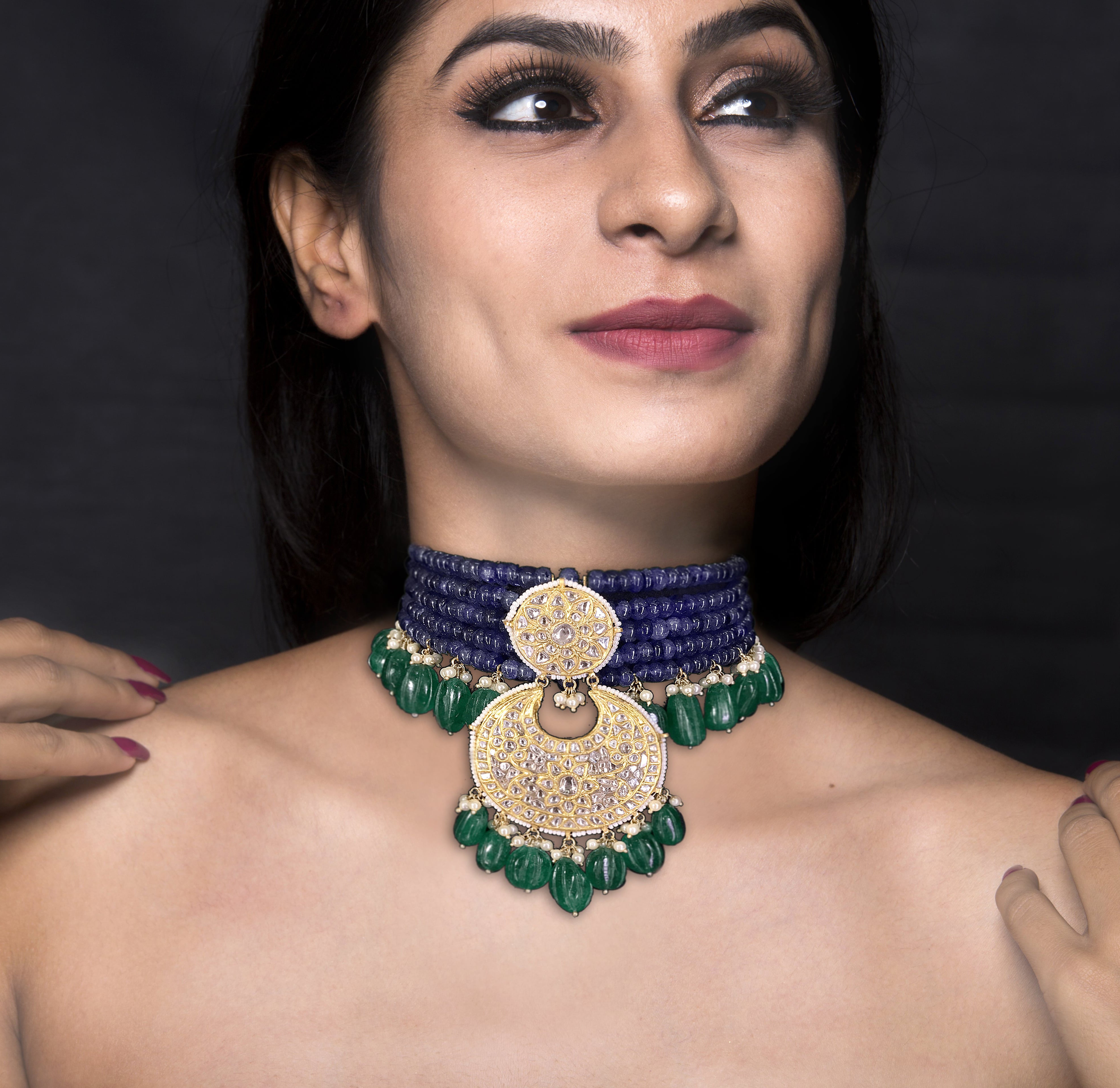 23k Gold and Diamond Polki Choker Necklace with Blue Sapphires and Carved Green Beryl Melons