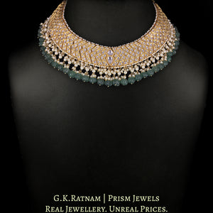 22k Gold and Diamond Polki W-Necklace with Green Strawberry Quartz Melons and Pearls