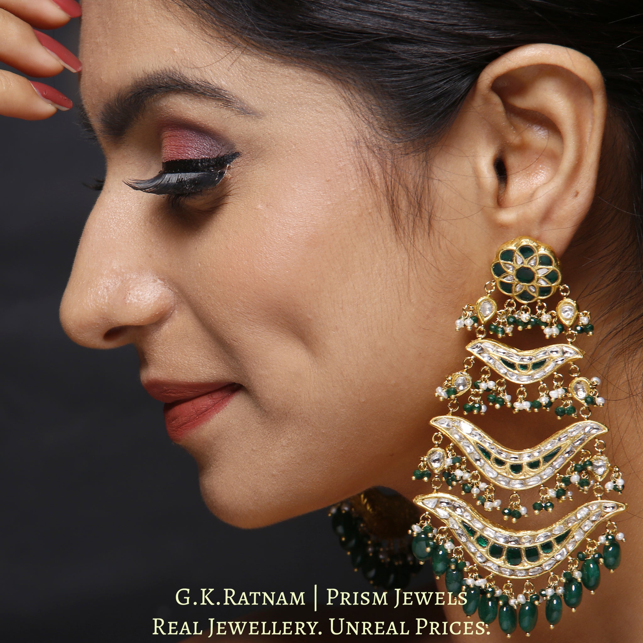 23k Gold and Diamond Polki pasa-style Chandelier Earring Pair with a hint of green