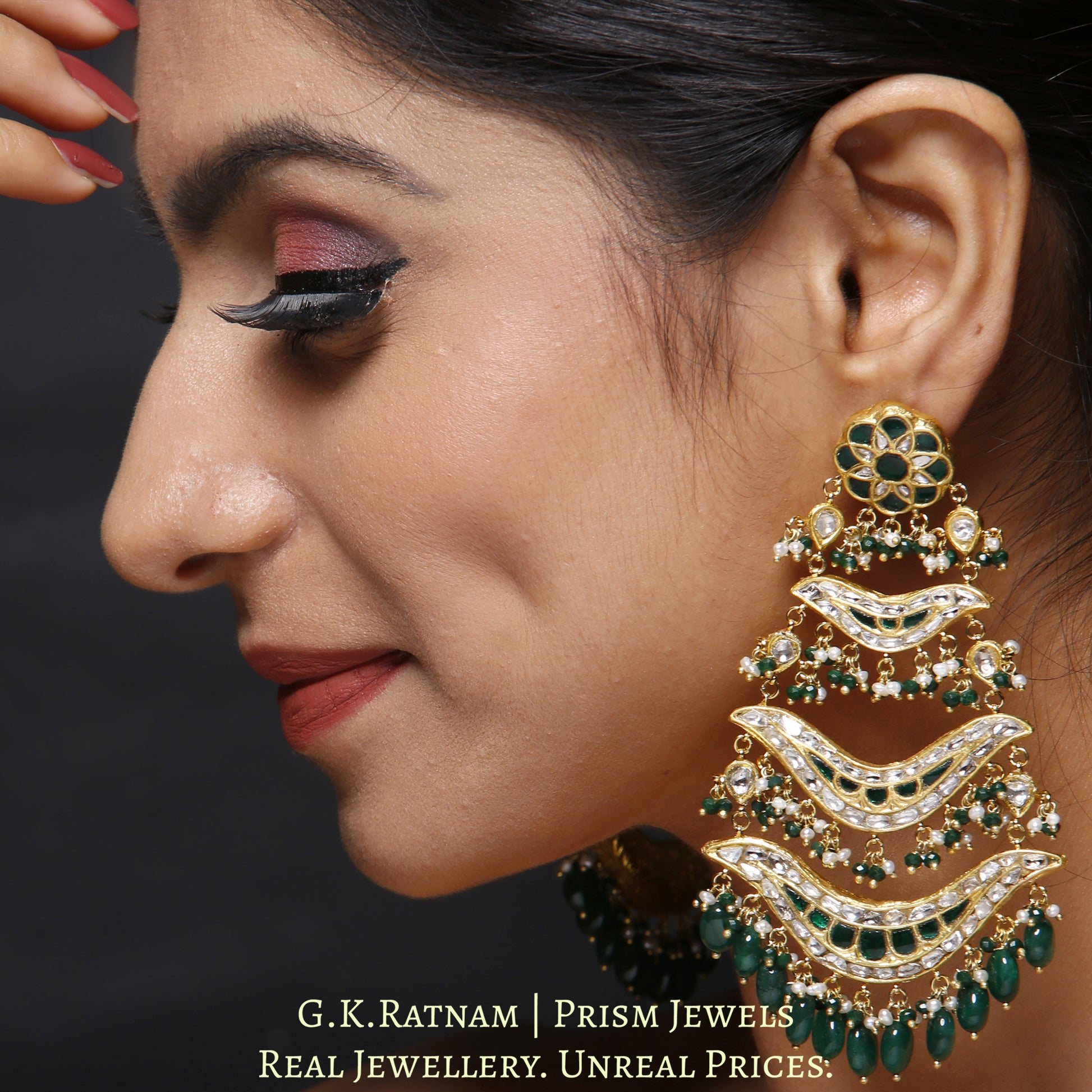 23k Gold and Diamond Polki pasa-style Chandelier Earring Pair with a hint of green - G. K. Ratnam