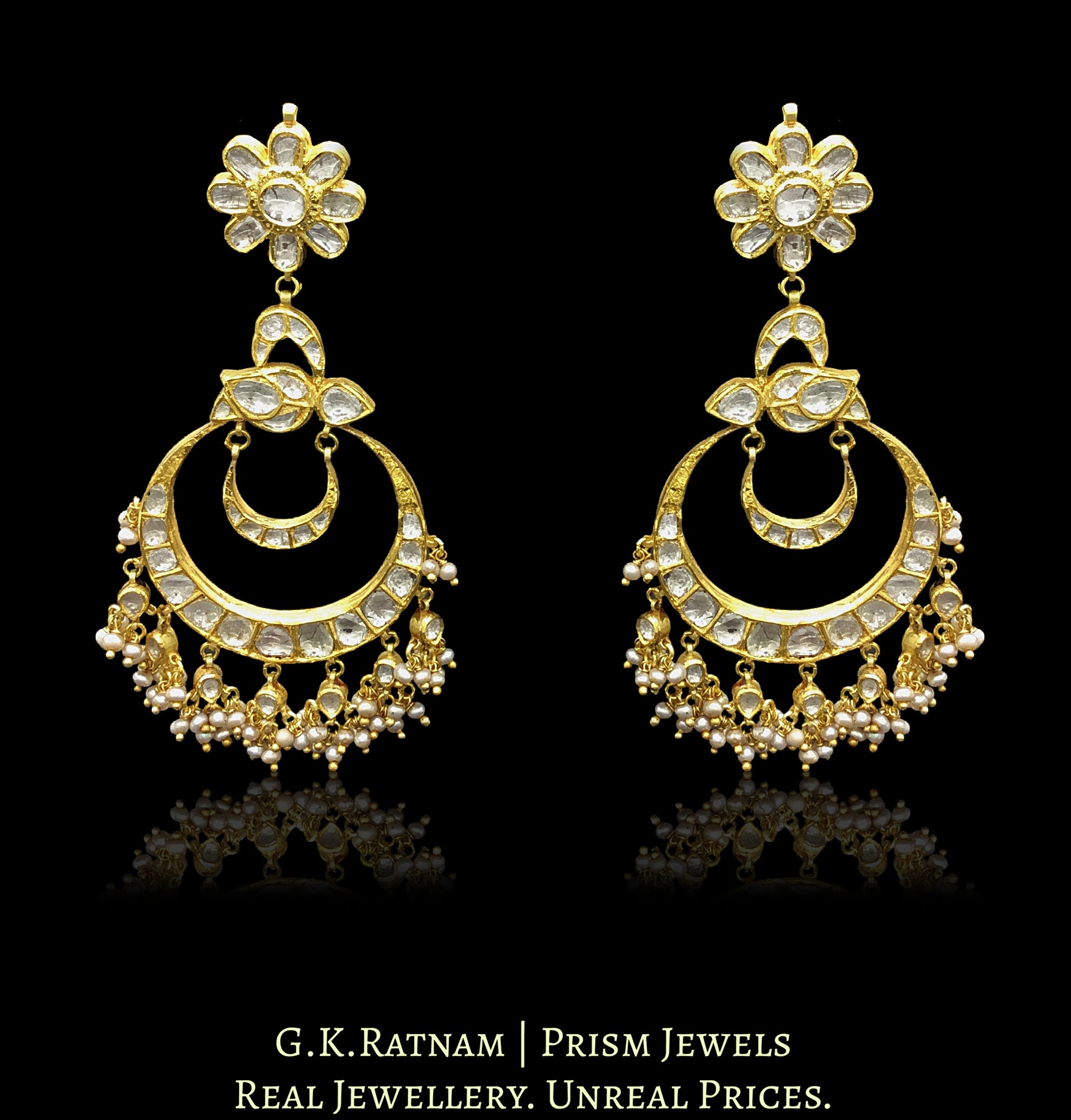 18k Gold and Diamond Polki peacock-like Chand Bali Earring pair with antiqued basra-grade freshwater pearls - G. K. Ratnam