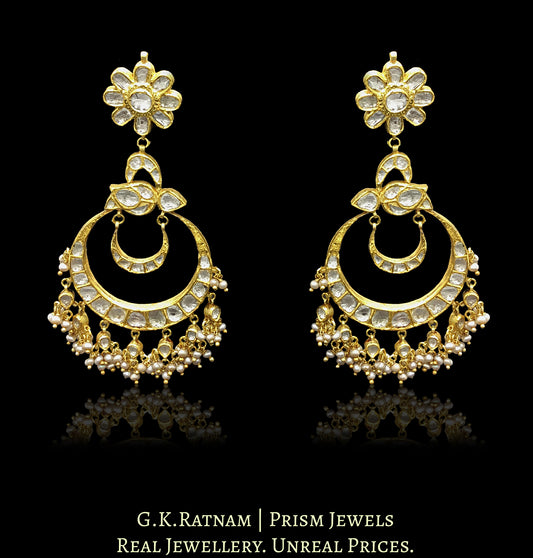 18k Gold and Diamond Polki peacock-like Chand Bali Earring pair with antiqued basra-grade freshwater pearls - G. K. Ratnam
