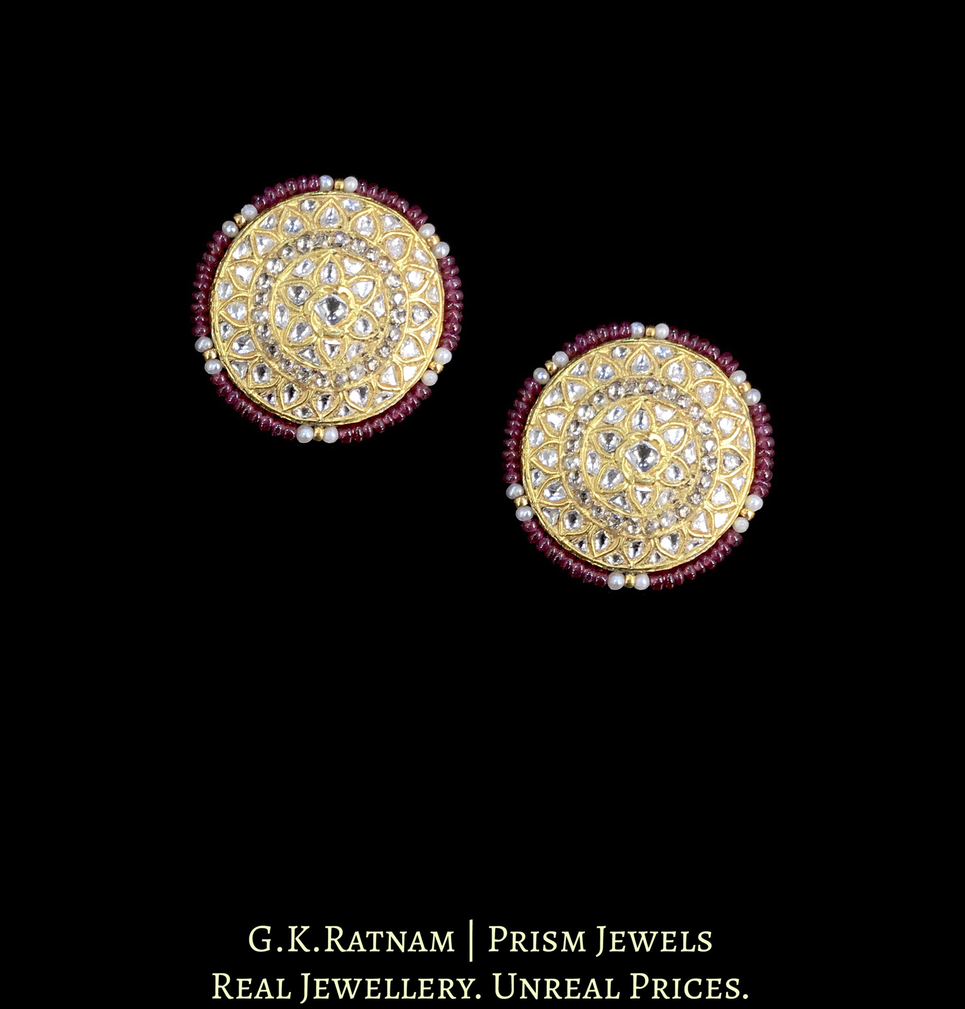 23k Gold and Diamond Polki Karnfool Earring Pair with Rubies