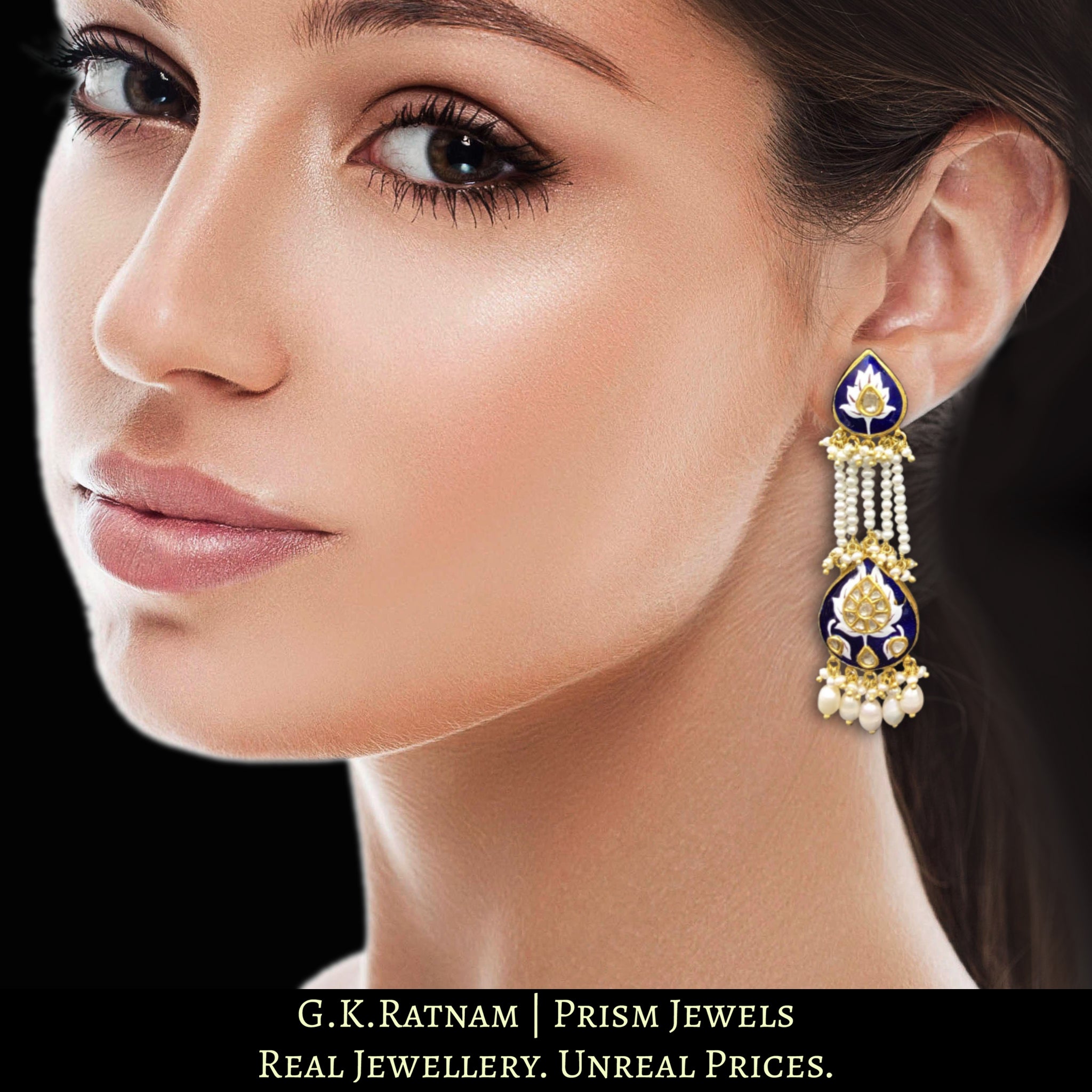 23k Gold and Diamond Polki Long Earring Pair with intricate blue pottery and natural freshwater pearls