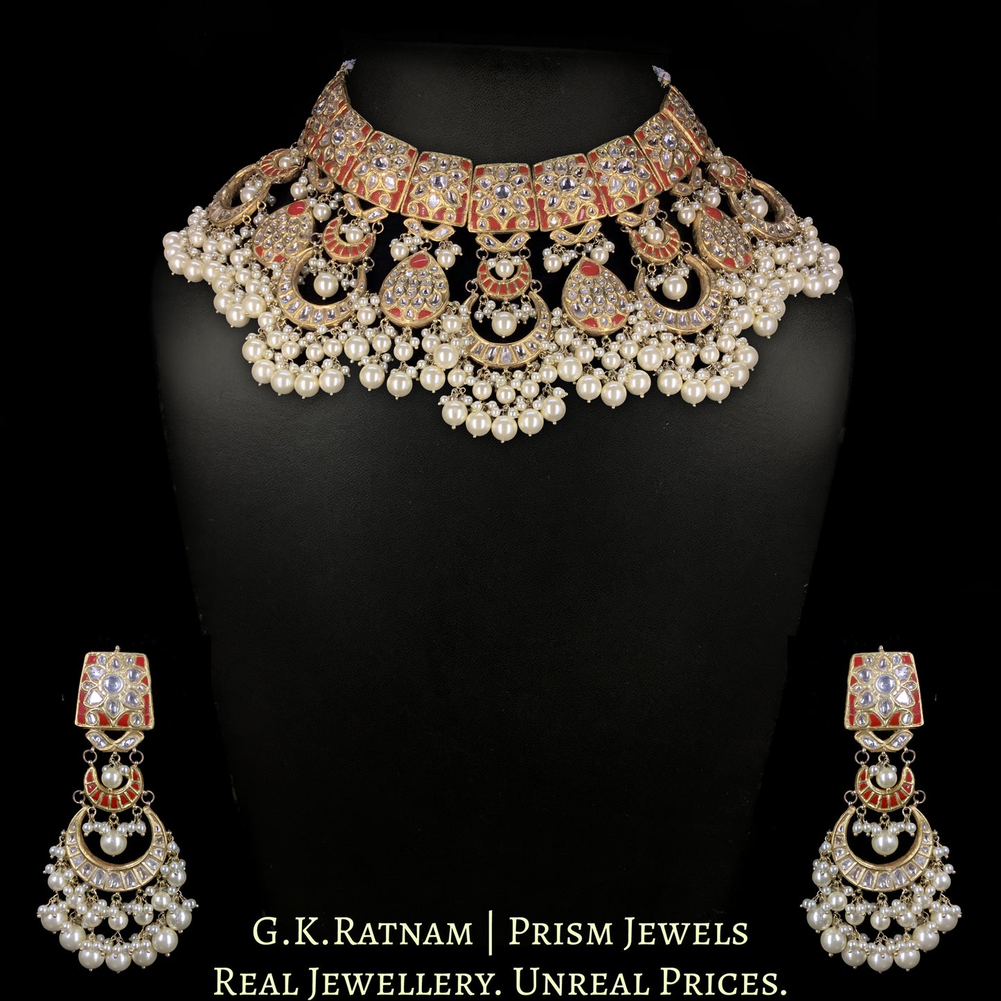 23k Gold and Diamond Polki Choker Necklace Set with Corals and Lustrous Pearls - G. K. Ratnam