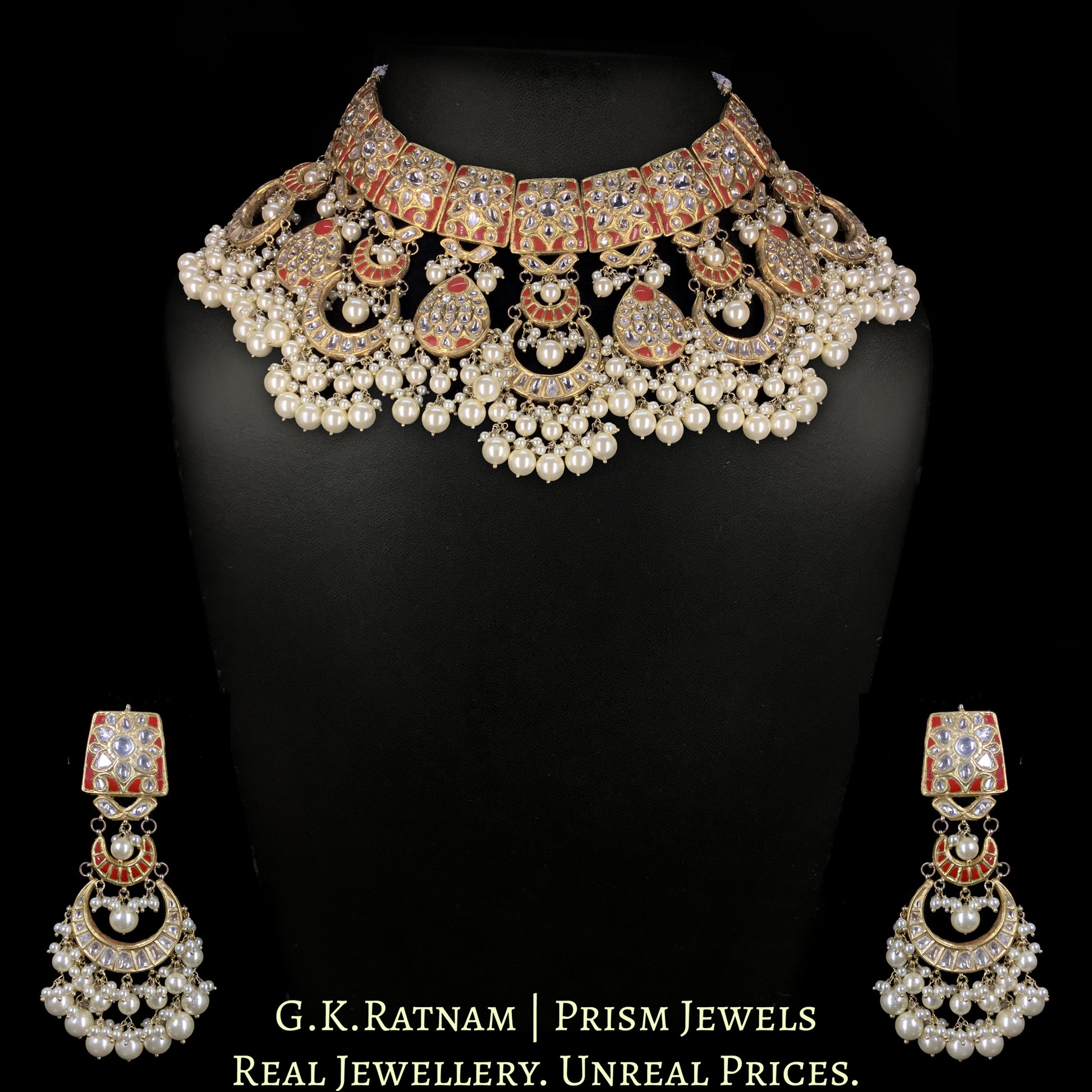 23k Gold and Diamond Polki Choker Necklace Set with Corals and Lustrous Pearls - G. K. Ratnam