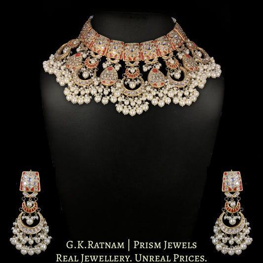 23k Gold and Diamond Polki Choker Necklace Set with Corals and Lustrous Pearls - G. K. Ratnam