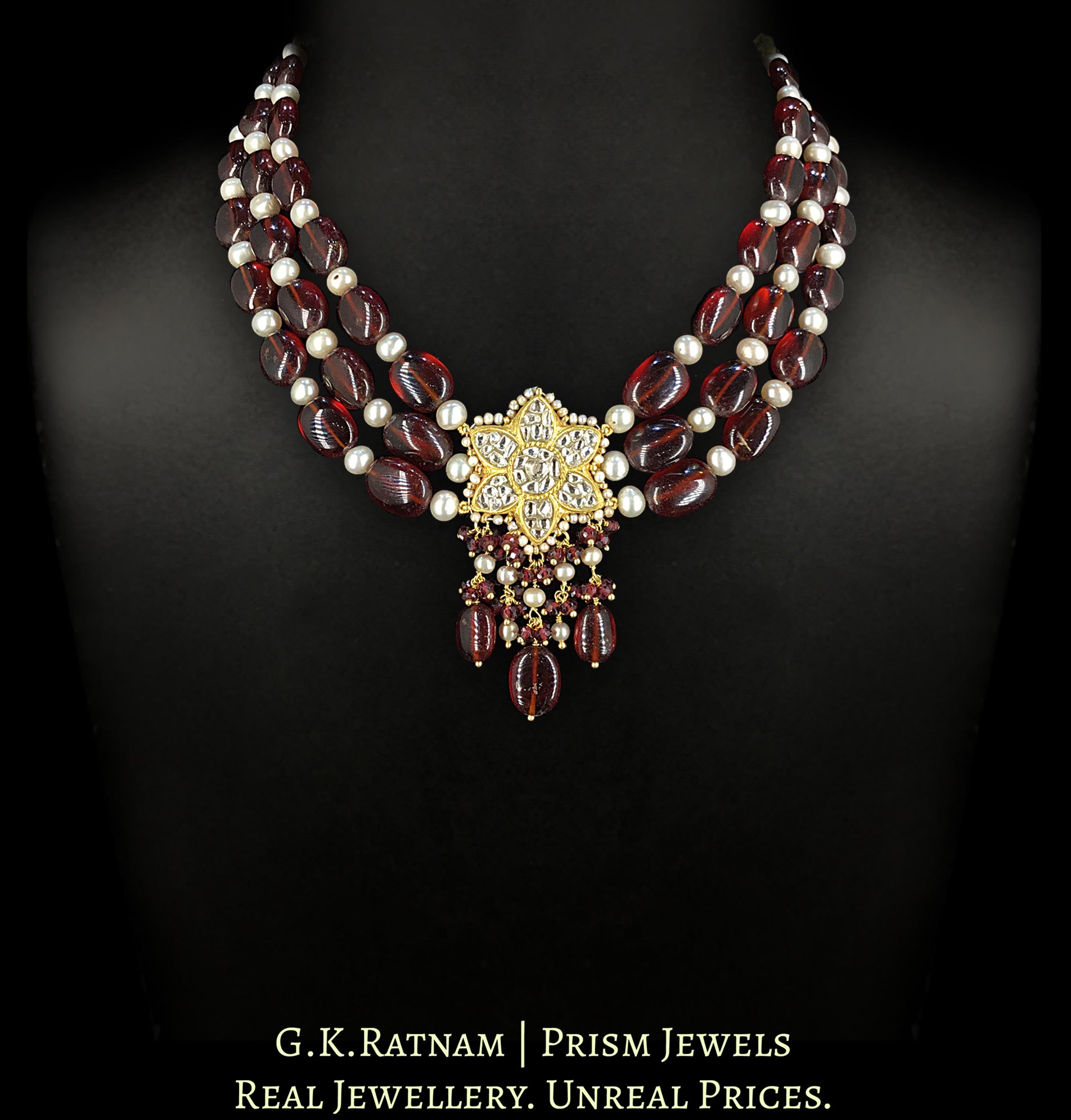 23k Gold and Diamond Polki Pendant Set enhanced with Mozambique Garnets and Pearls - G. K. Ratnam