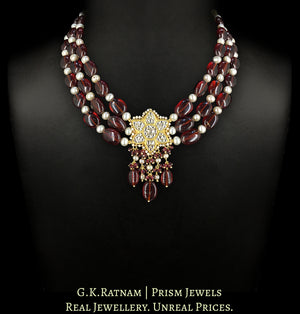 23k Gold and Diamond Polki Pendant Set enhanced with Mozambique Garnets and Pearls