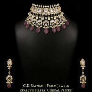 18k Gold and Diamond Polki Choker Necklace Set with pear-shaped motifs enhanced by hand-carved Strawberry Quartz Melons and Pearls