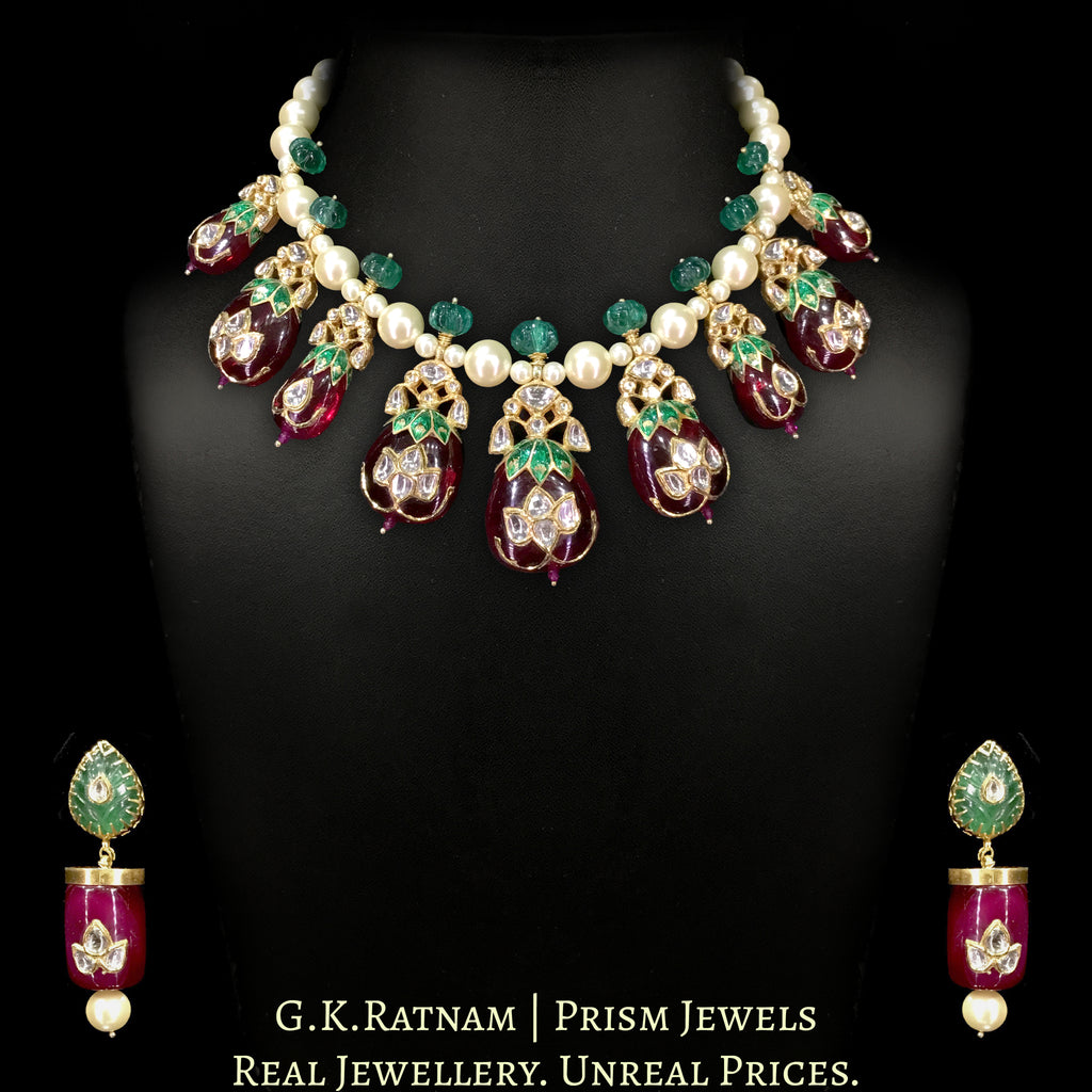 18k Gold and Diamond Polki Necklace Set with jadau work on Rubies