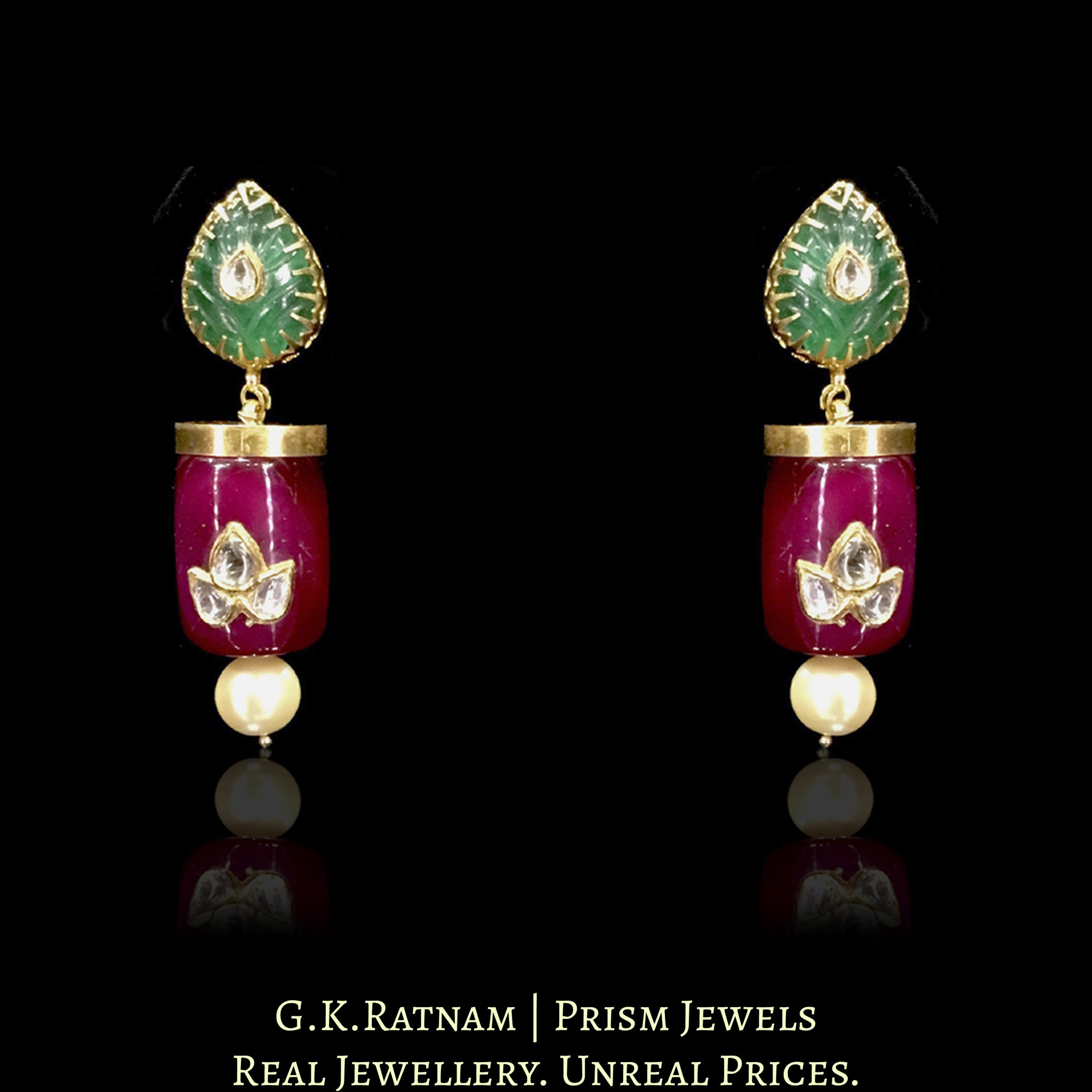 18k Gold and Diamond Polki Necklace Set with jadau work on Rubies