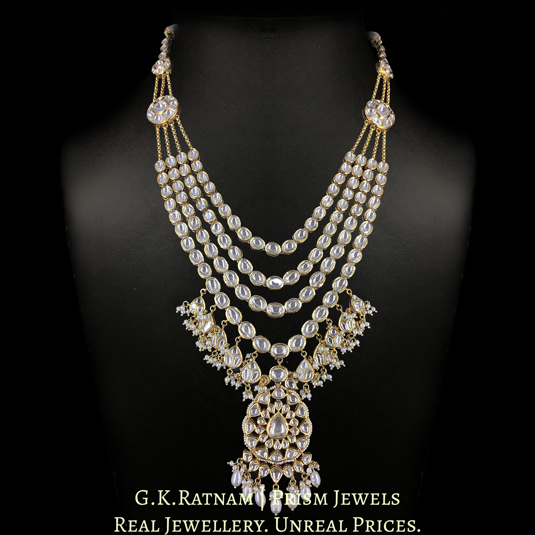 18k Gold and Diamond Polki four-row long Necklace With Chains