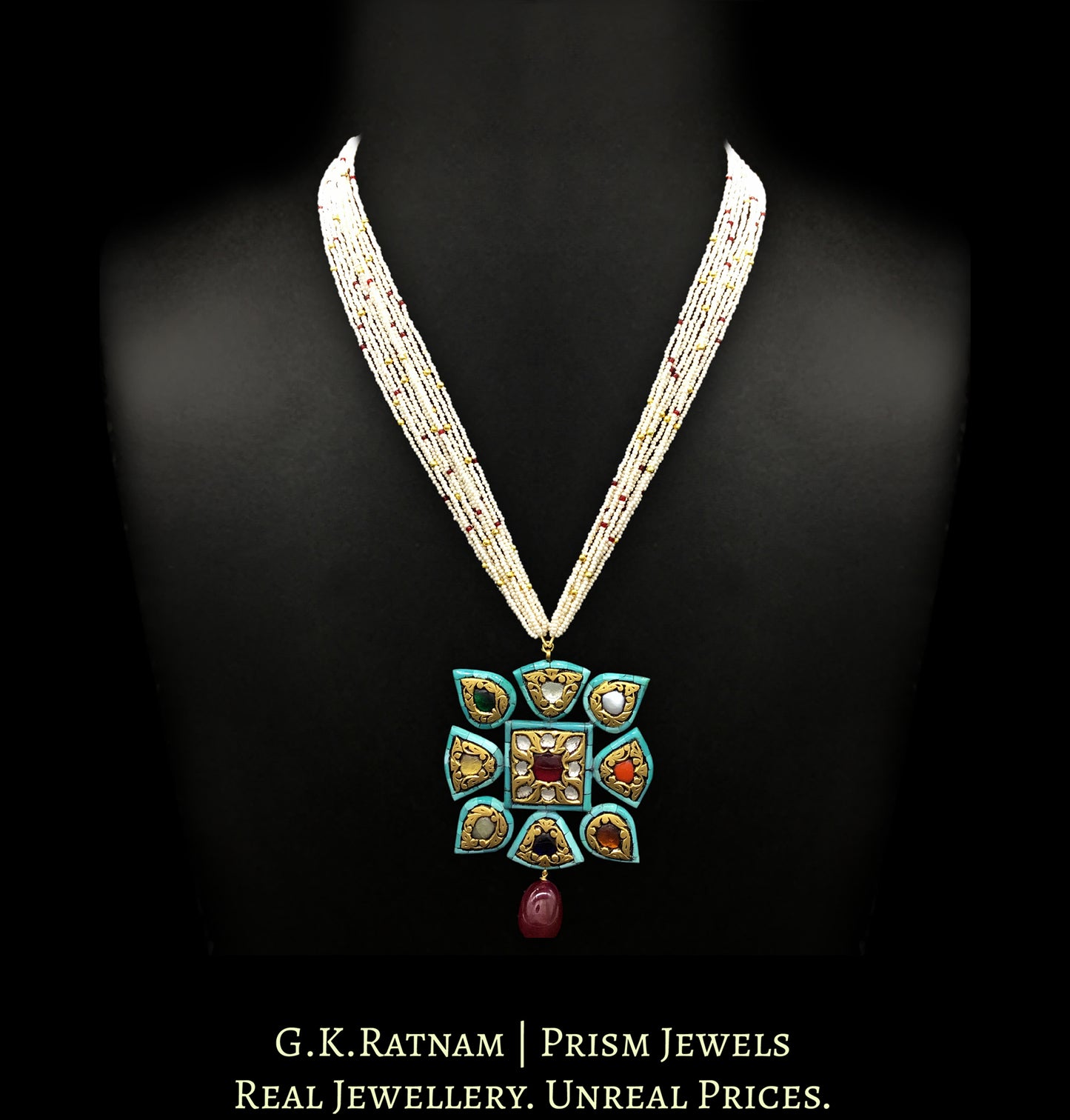23k Gold and Diamond Polki Navratna Pendant with Turquoise Rimming - G. K. Ratnam