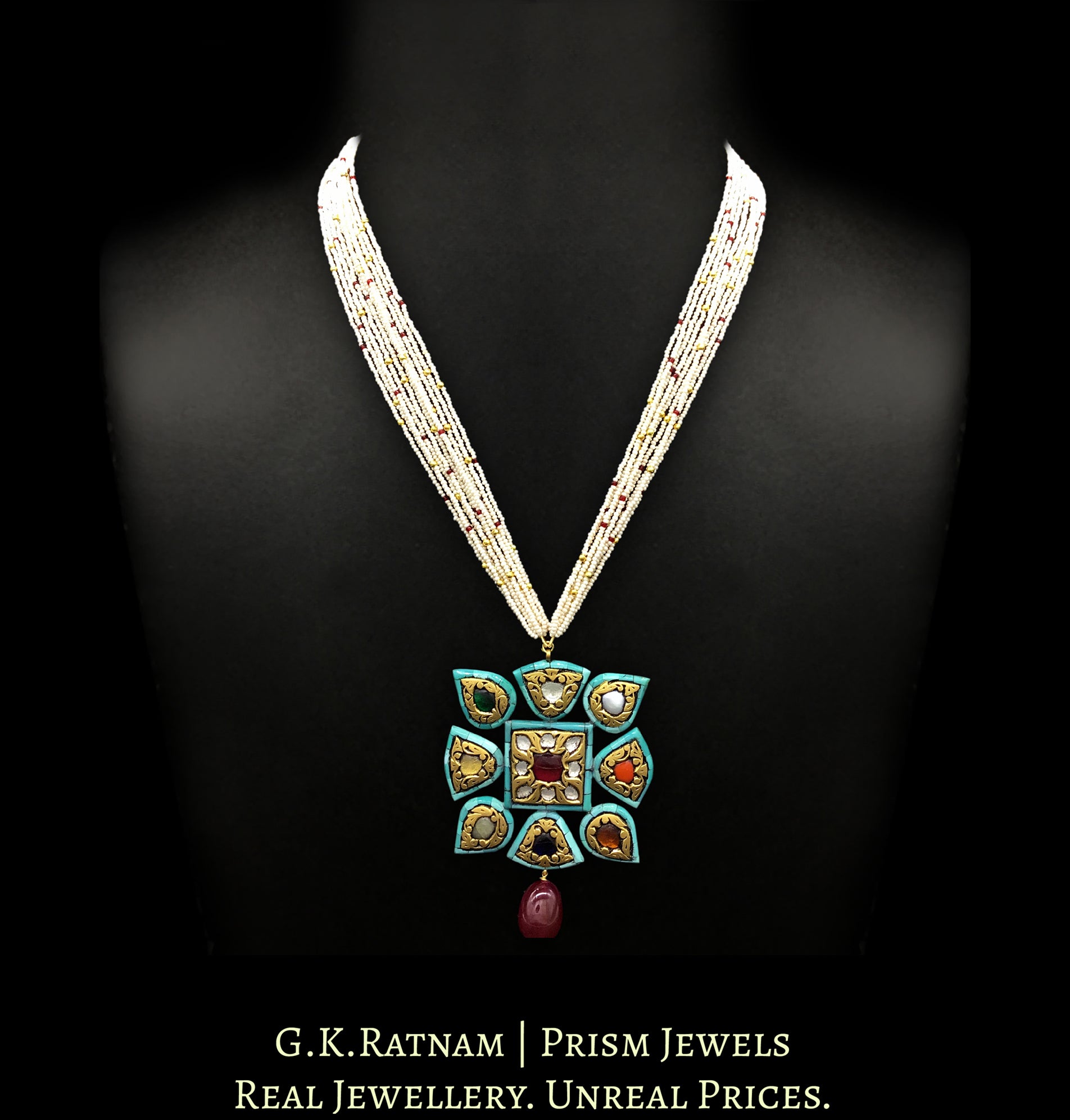 23k Gold and Diamond Polki Navratna Pendant with Turquoise Rimming - G. K. Ratnam