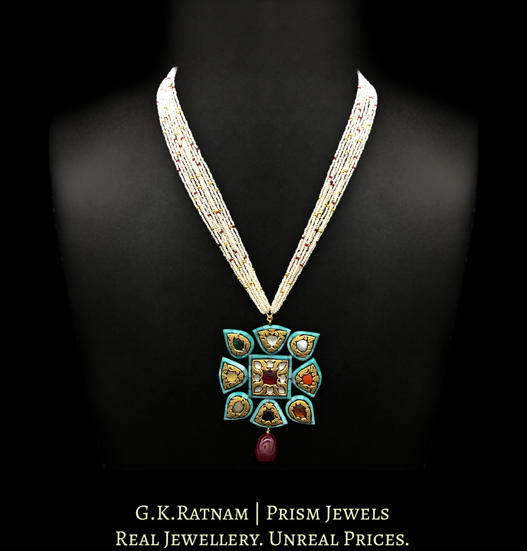 23k Gold and Diamond Polki Navratna Pendant with Turquoise Rimming - G. K. Ratnam