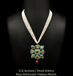 23k Gold and Diamond Polki Navratna Pendant with Turquoise Rimming - G. K. Ratnam