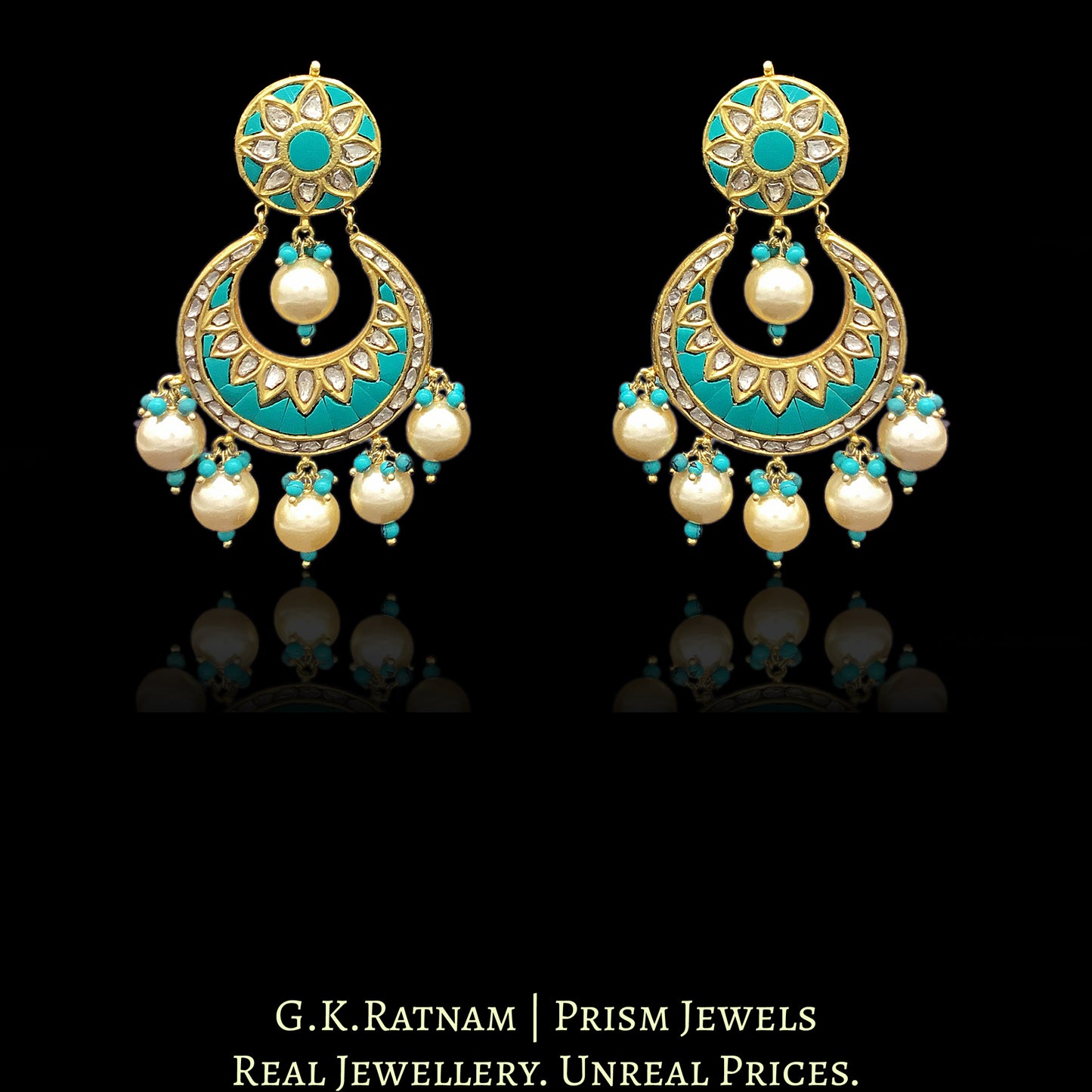 23k Gold and Diamond Polki Chand Bali Earring Pair with Firoza - G. K. Ratnam
