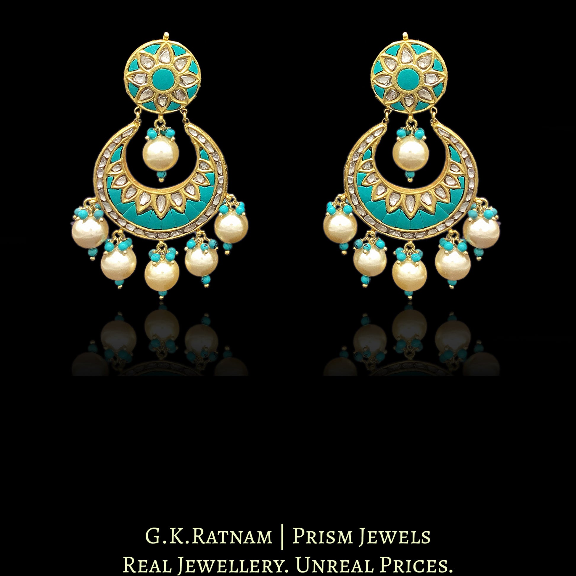 23k Gold and Diamond Polki Chand Bali Earring Pair with Firoza - G. K. Ratnam