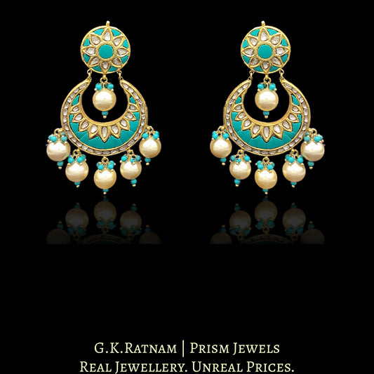 23k Gold and Diamond Polki Chand Bali Earring Pair with Firoza - G. K. Ratnam