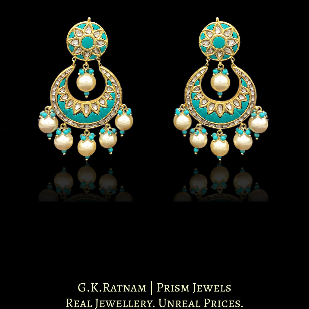23k Gold and Diamond Polki Chand Bali Earring Pair with Firoza - G. K. Ratnam