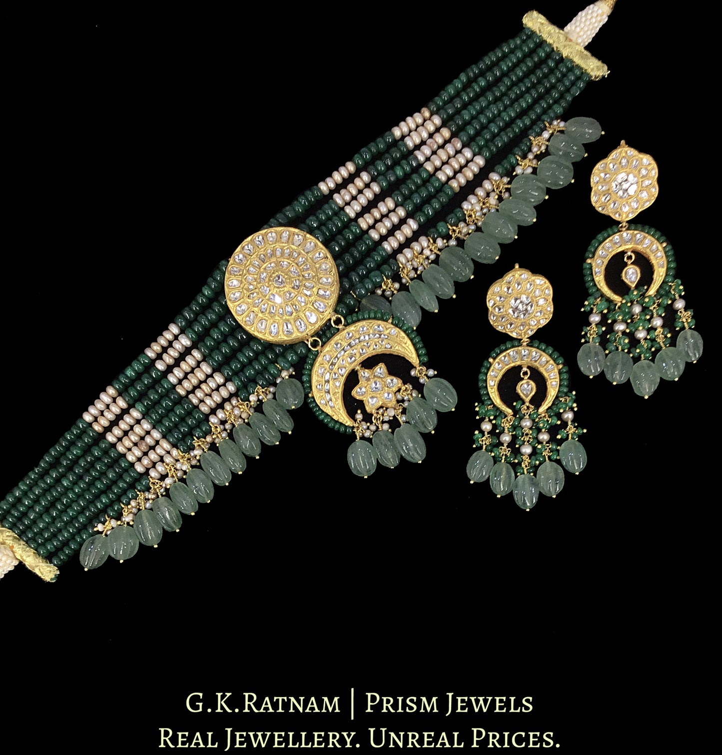 23k Gold and Diamond Polki Choker Necklace Set enhanced with Antiqued Freshwater Pearls and Green Beryls