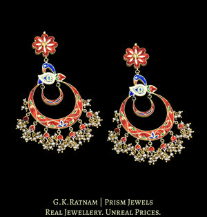 18k Gold and Diamond Polki peacock-like Chand Bali Earring pair with antiqued basra-grade freshwater pearls - G. K. Ratnam