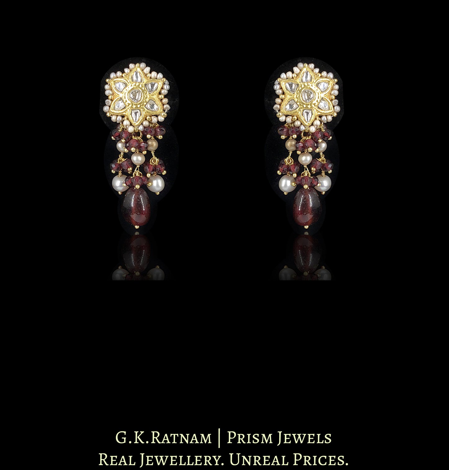 23k Gold and Diamond Polki Pendant Set enhanced with Mozambique Garnets and Pearls - G. K. Ratnam