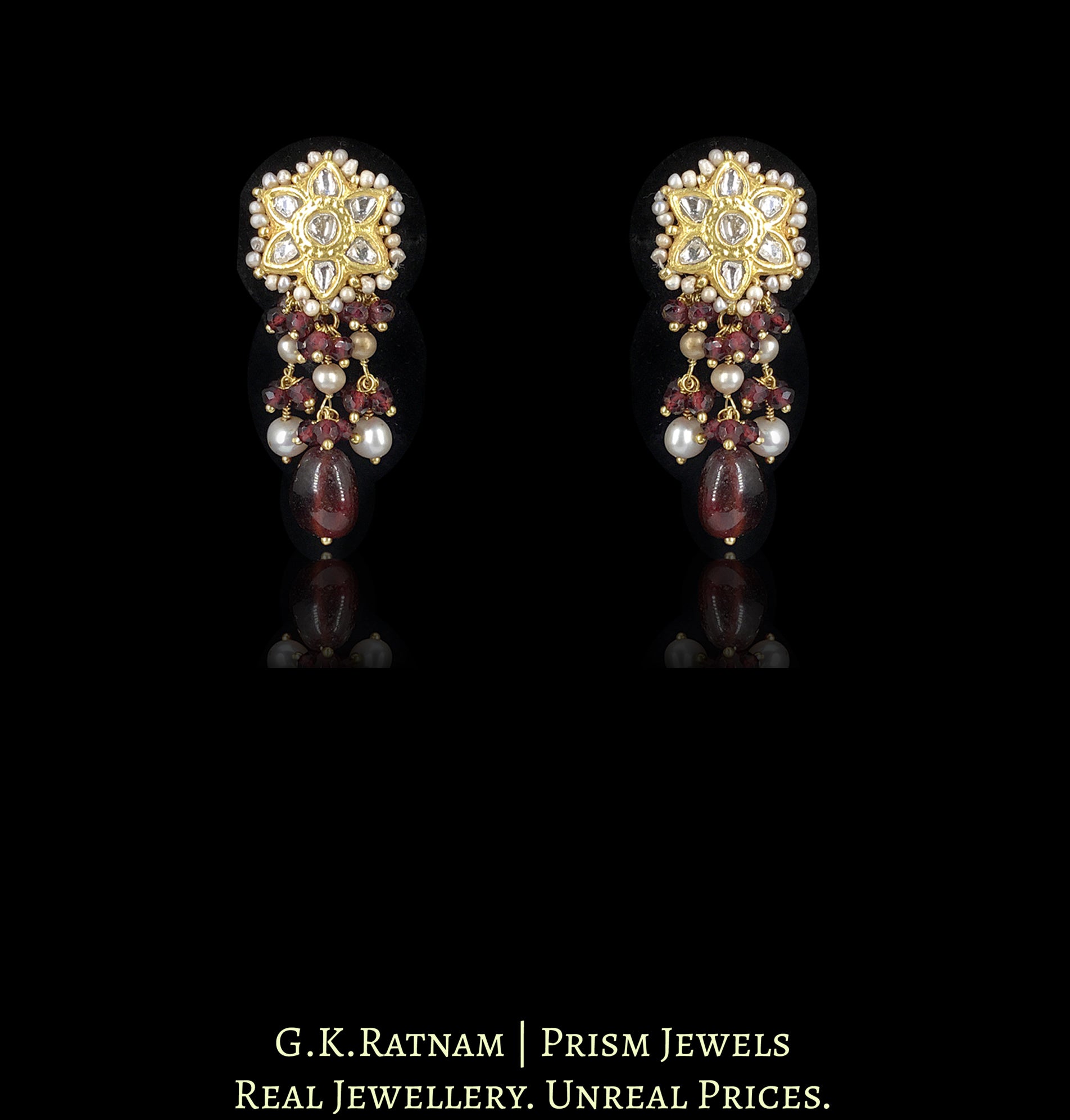 23k Gold and Diamond Polki Pendant Set enhanced with Mozambique Garnets and Pearls - G. K. Ratnam