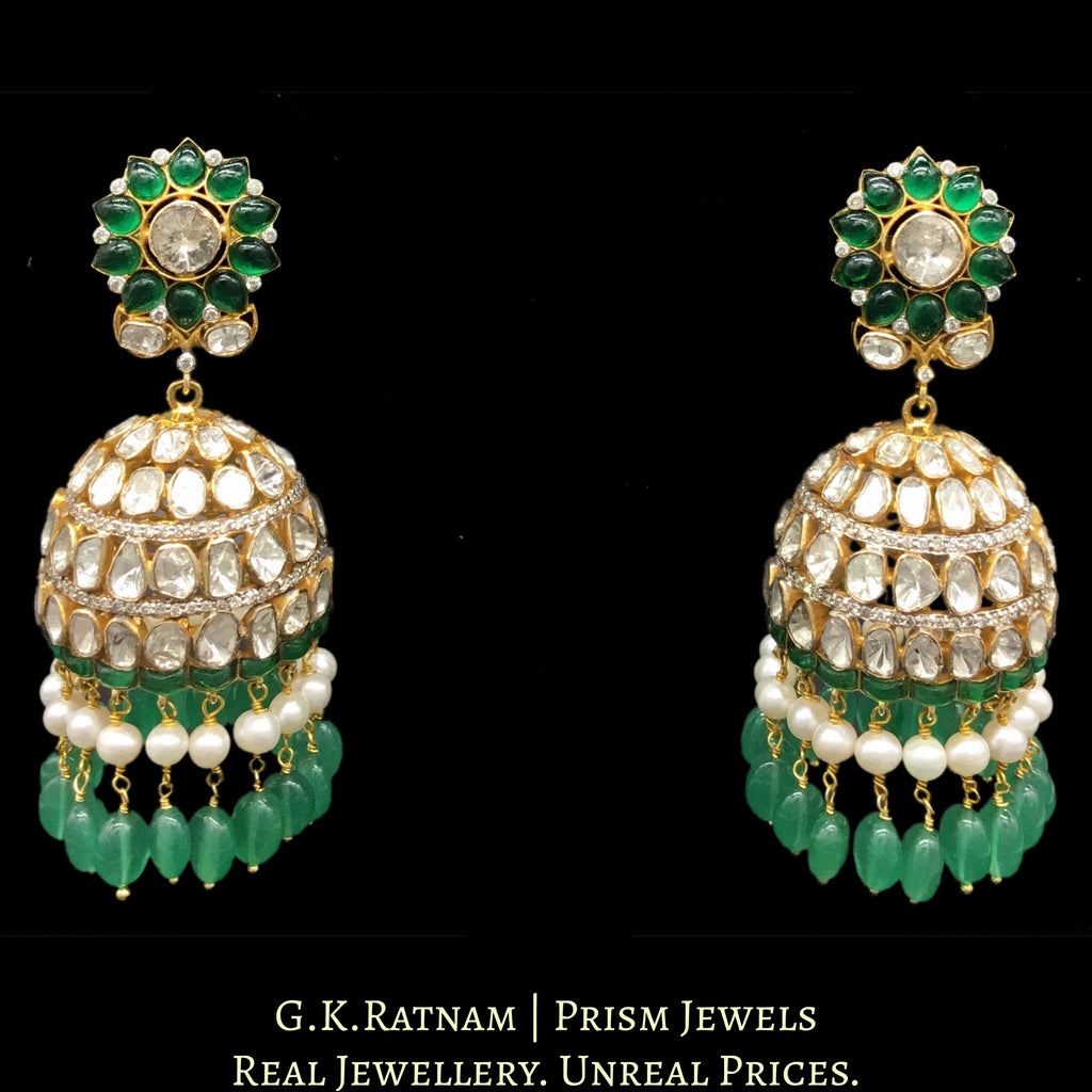 14K Gold and Diamond Polki Open Setting Jhumki Earrings with emerald-green stones