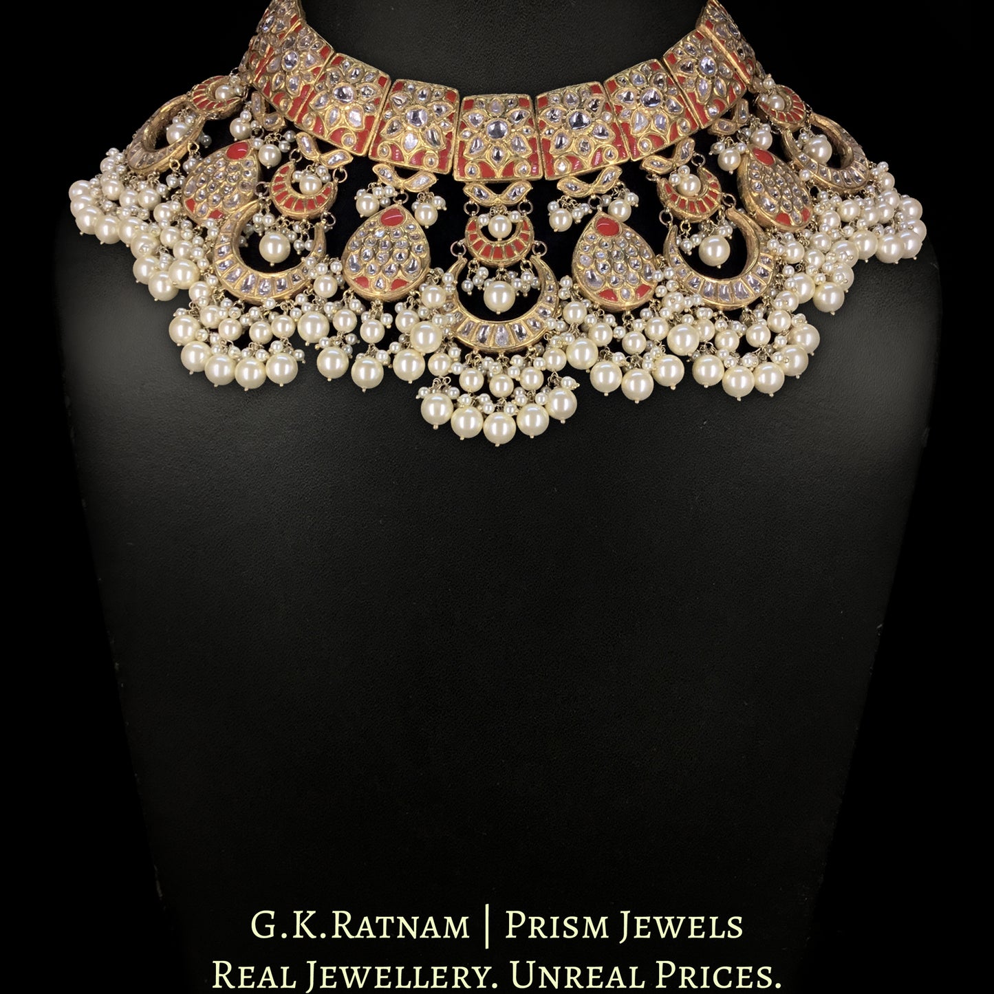 23k Gold and Diamond Polki Choker Necklace Set with Corals and Lustrous Pearls - G. K. Ratnam