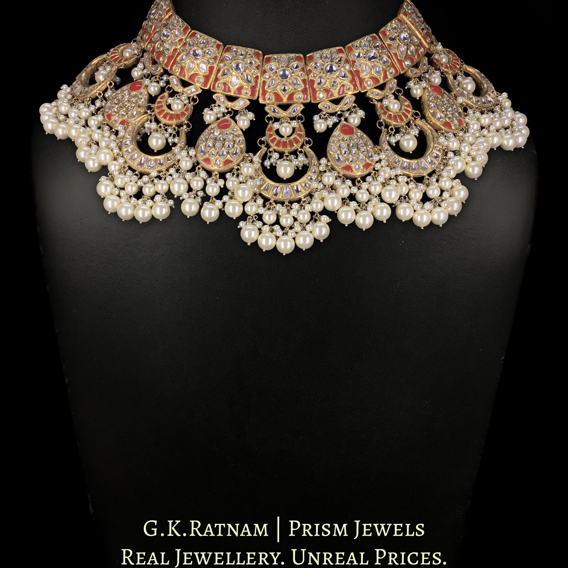 23k Gold and Diamond Polki Choker Necklace Set with Corals and Lustrous Pearls - G. K. Ratnam