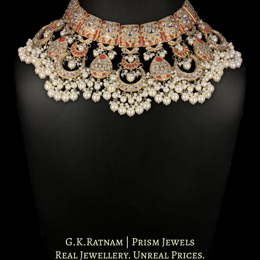23k Gold and Diamond Polki Choker Necklace Set with Corals and Lustrous Pearls - G. K. Ratnam