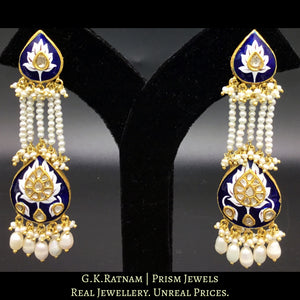 23k Gold and Diamond Polki Long Earring Pair with intricate blue pottery and natural freshwater pearls