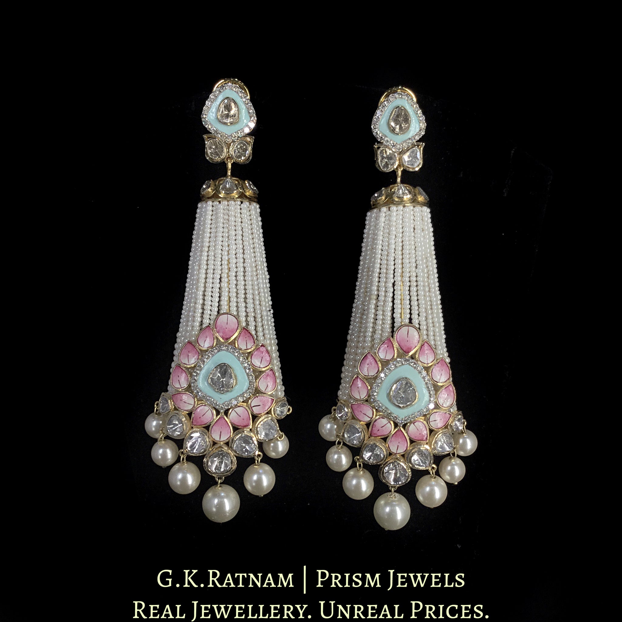 18k Gold and Diamond Polki Open Setting Long Jhumki Earring Pair With Pastel Meenakari and Chid Pearls