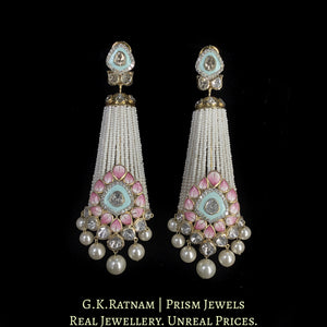 18k Gold and Diamond Polki Open Setting Long Jhumki Earring Pair With Pastel Meenakari and Chid Pearls